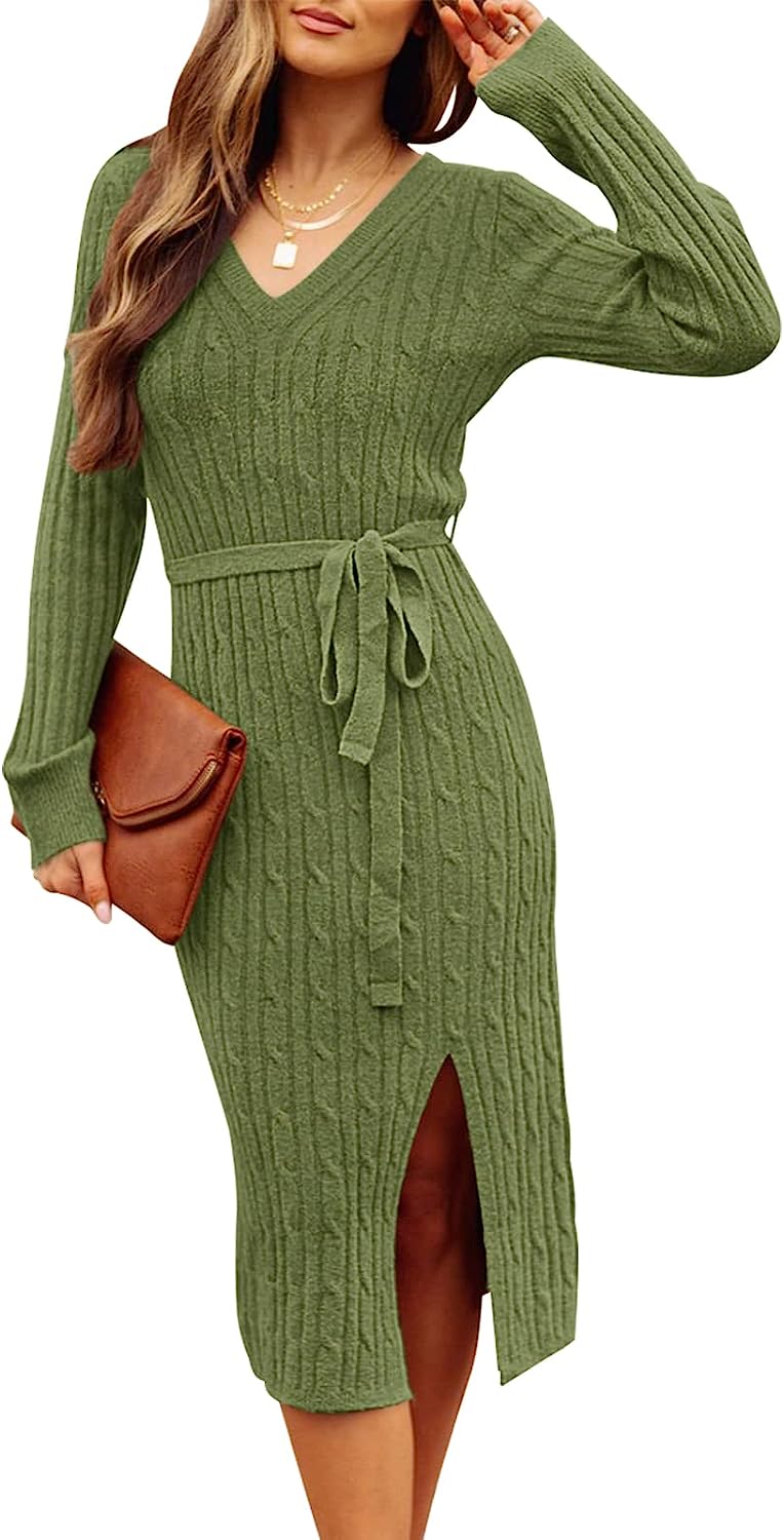 Women's V Neck Cable Knit Sweater Dress Pullover CD457