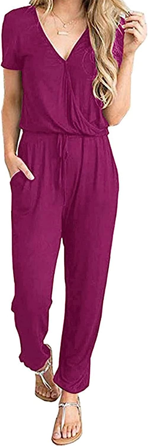 Women's Deep V Neck Wrap Drawstring Jumpsuit CD475