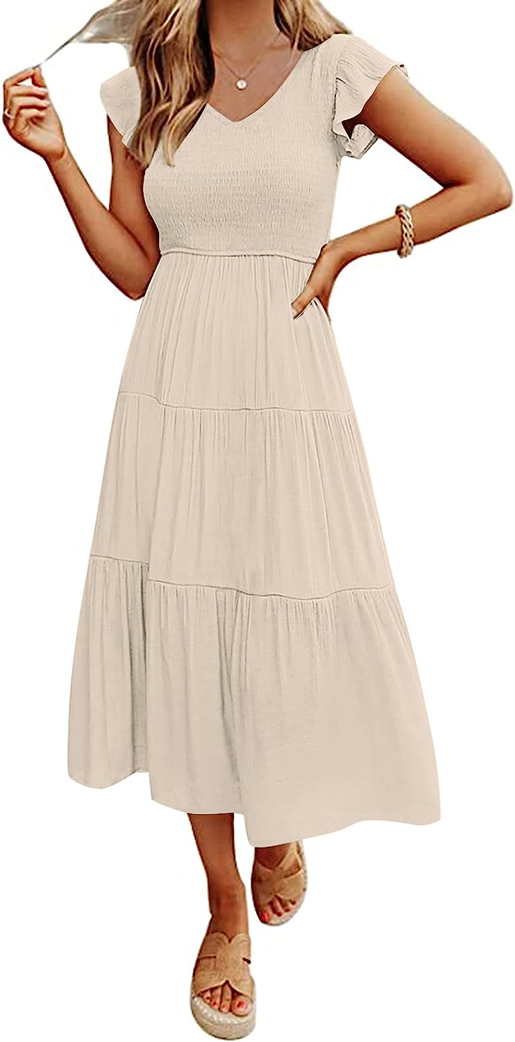 Women's Flutter Sleeve Smocked Midi Dress with Pockets CD437