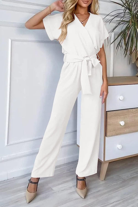 Women's Wrap V Neck Belted Wide Leg Pants Jumpsuit CD467