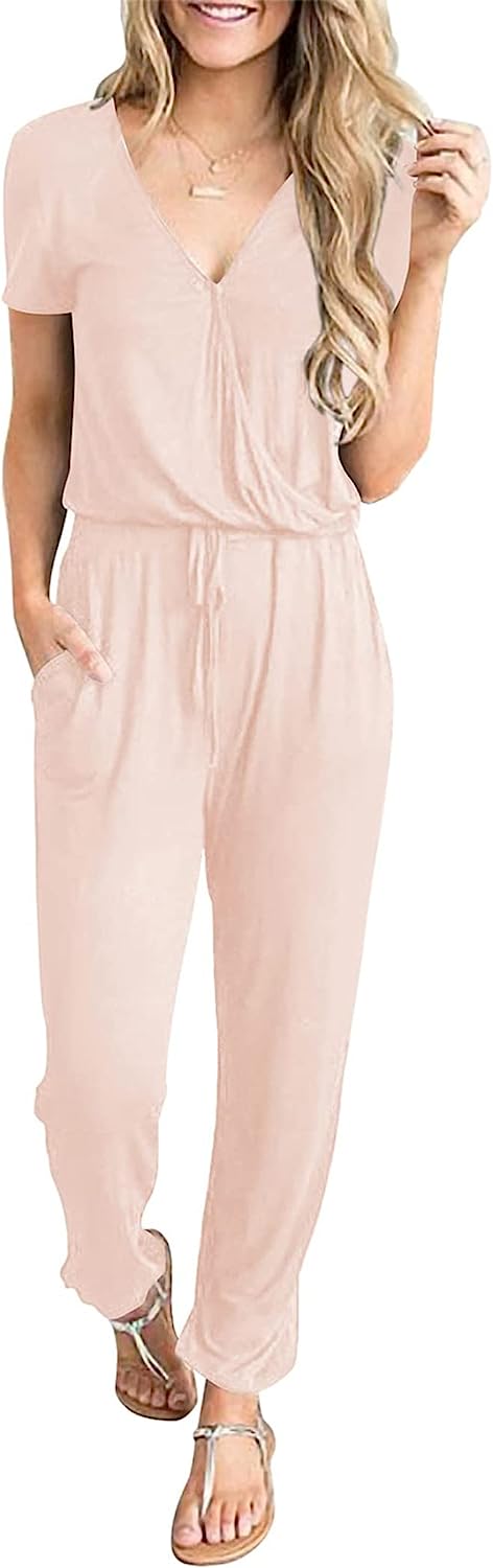 Women's Deep V Neck Wrap Drawstring Jumpsuit CD475
