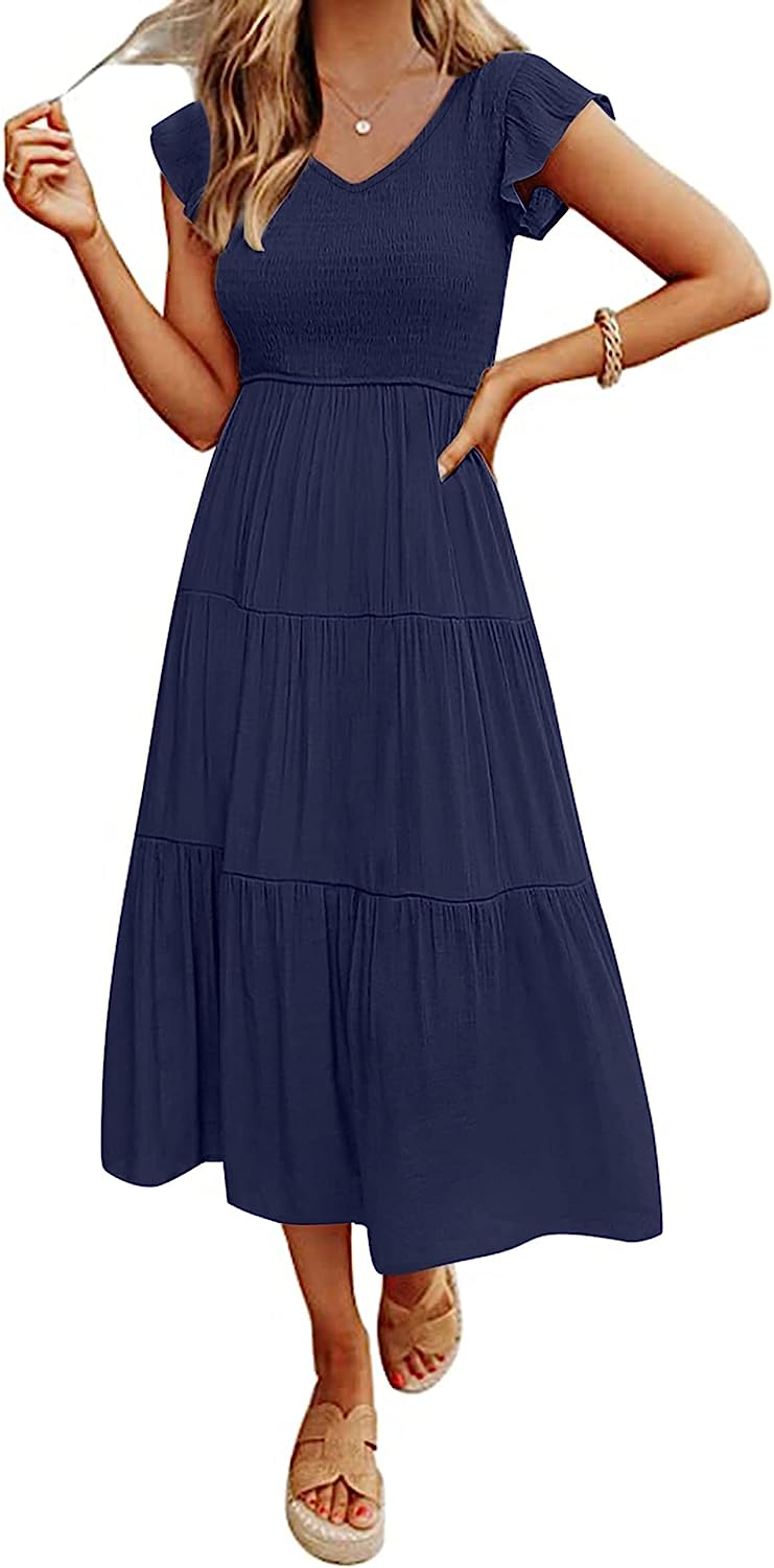 Women's Flutter Sleeve Smocked Midi Dress with Pockets CD447