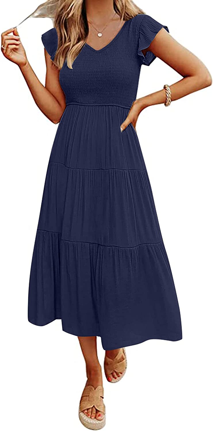 Women's Flutter Sleeve Smocked Midi Dress with Pockets CD442