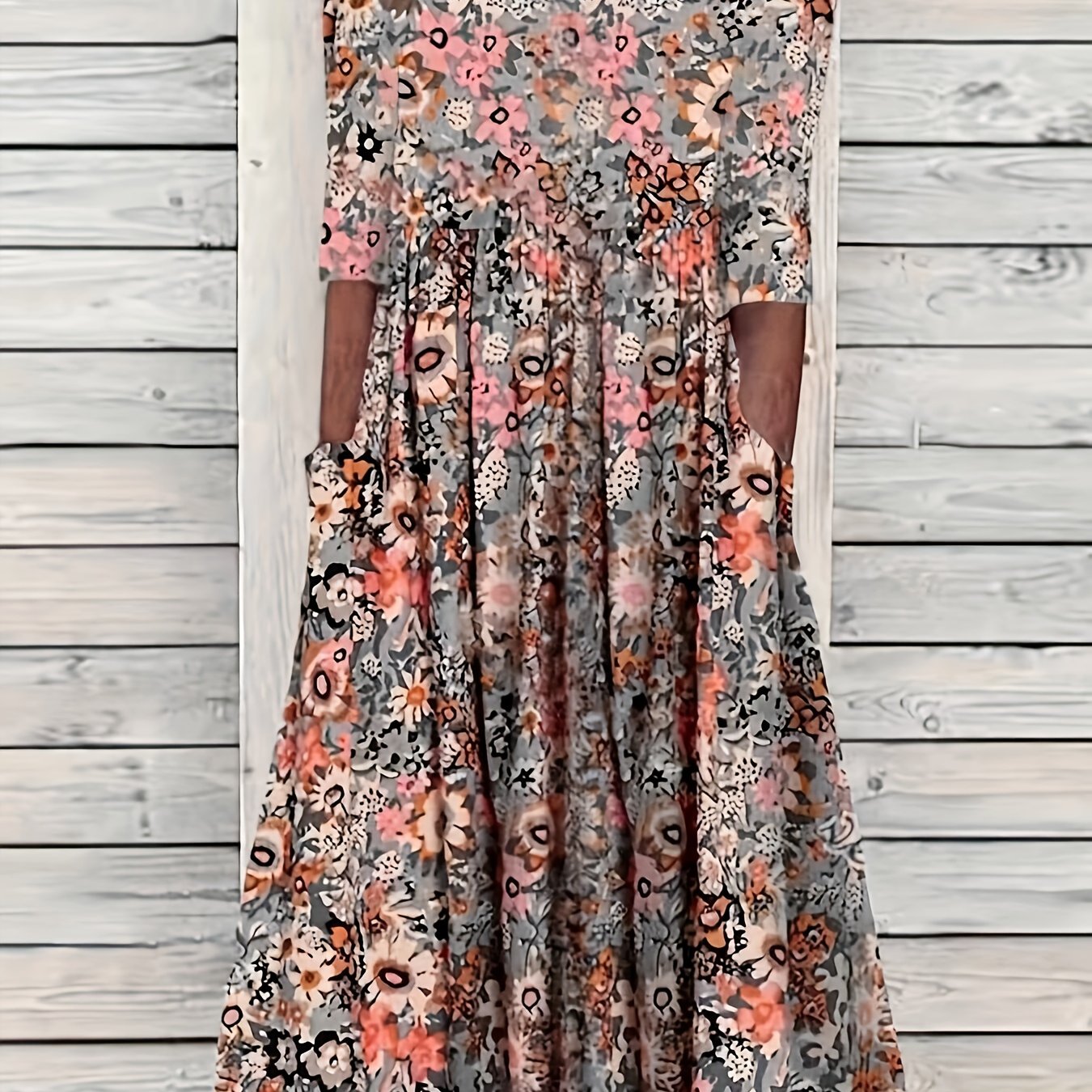 Floral Print Crew Neck Dress Loose Dual Pockets Dress CD192