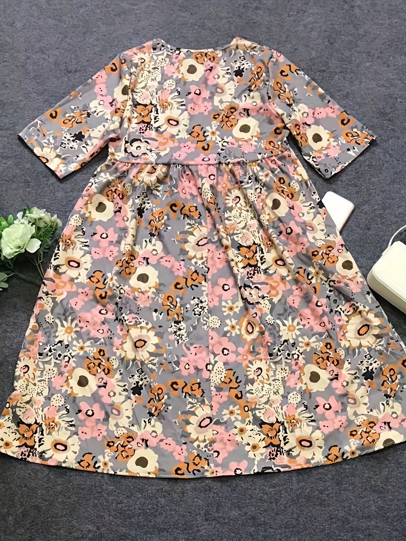 Floral Print Crew Neck Dress Loose Dual Pockets Dress CD192