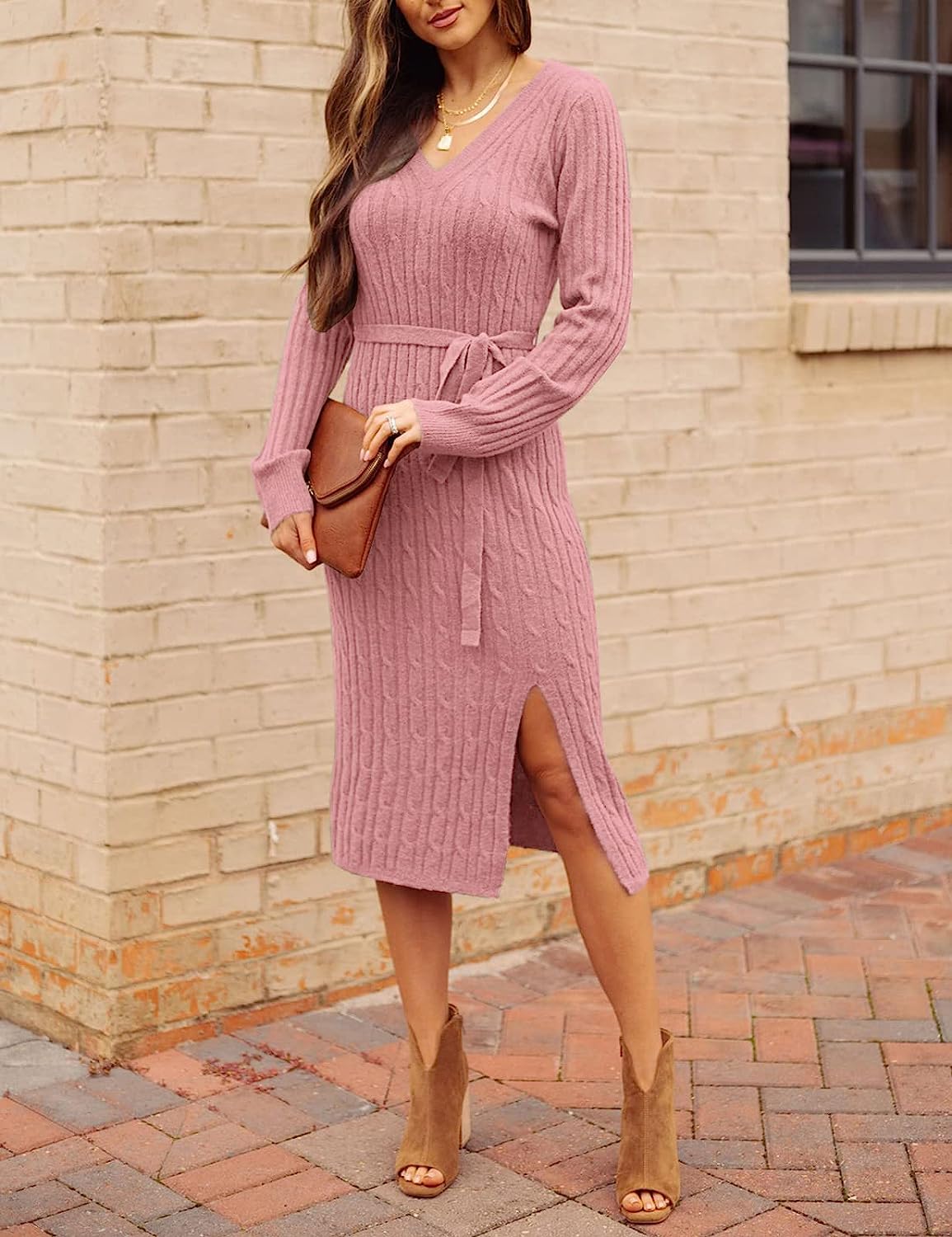 Women's V Neck Cable Knit Sweater Dress Bodycon CD455