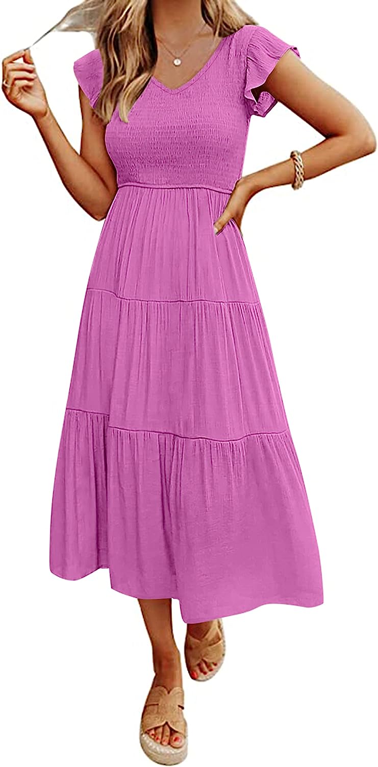 Women's Flutter Sleeve Smocked Midi Dress CD435