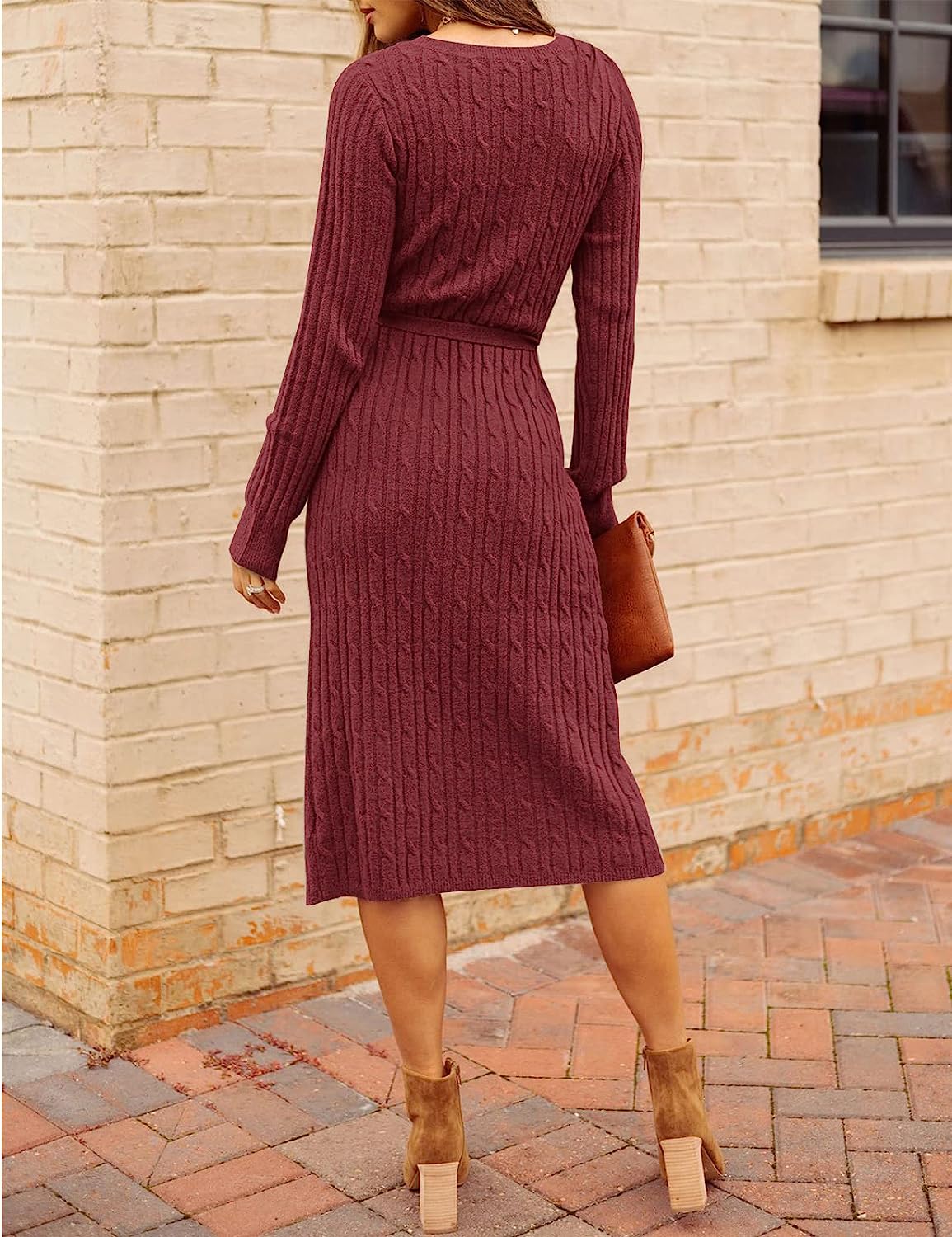 Women's V Neck Cable Knit Sweater Dress Pullover CD457
