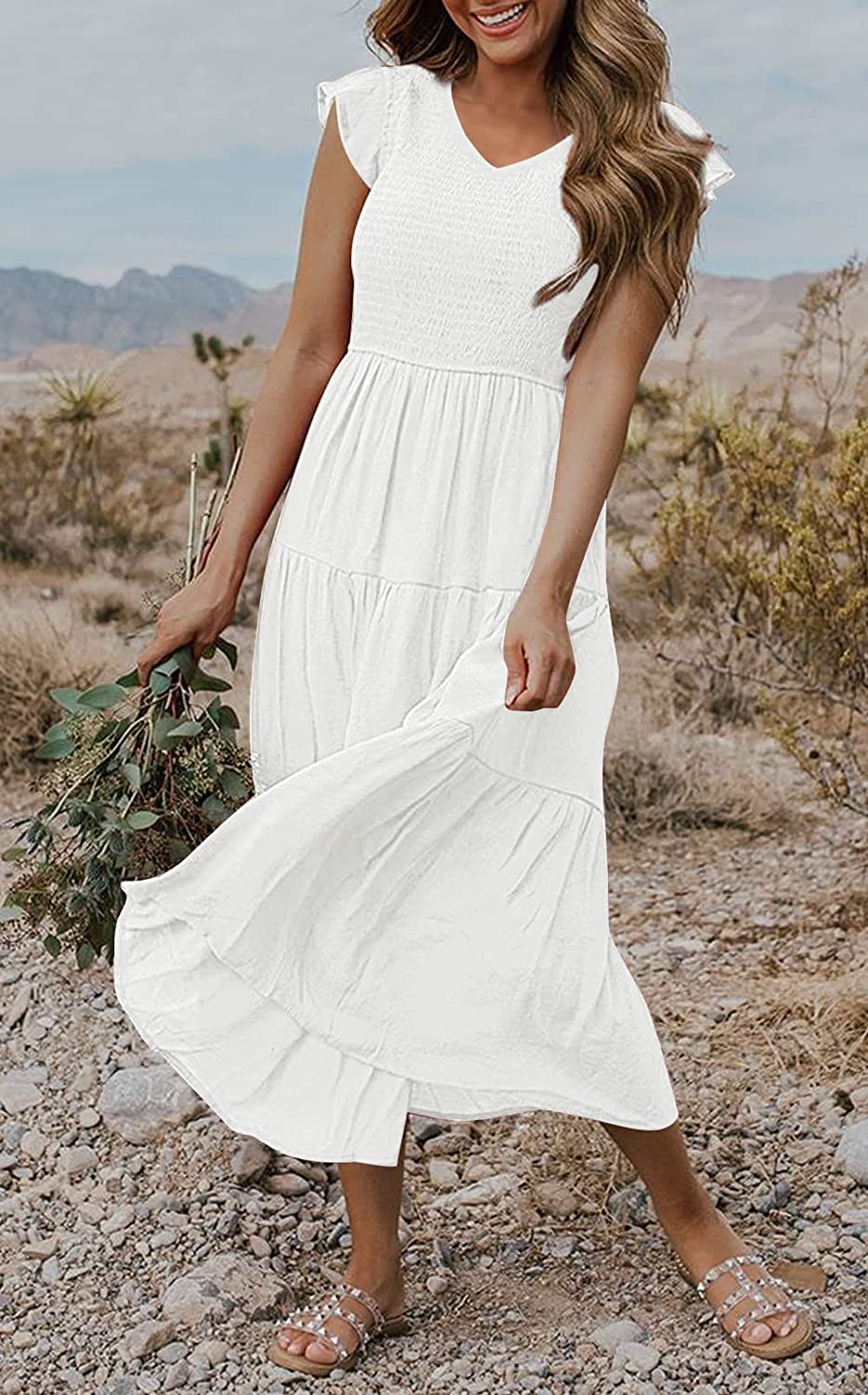 Women's Flutter Sleeve Smocked Midi Dress with Pockets CD447