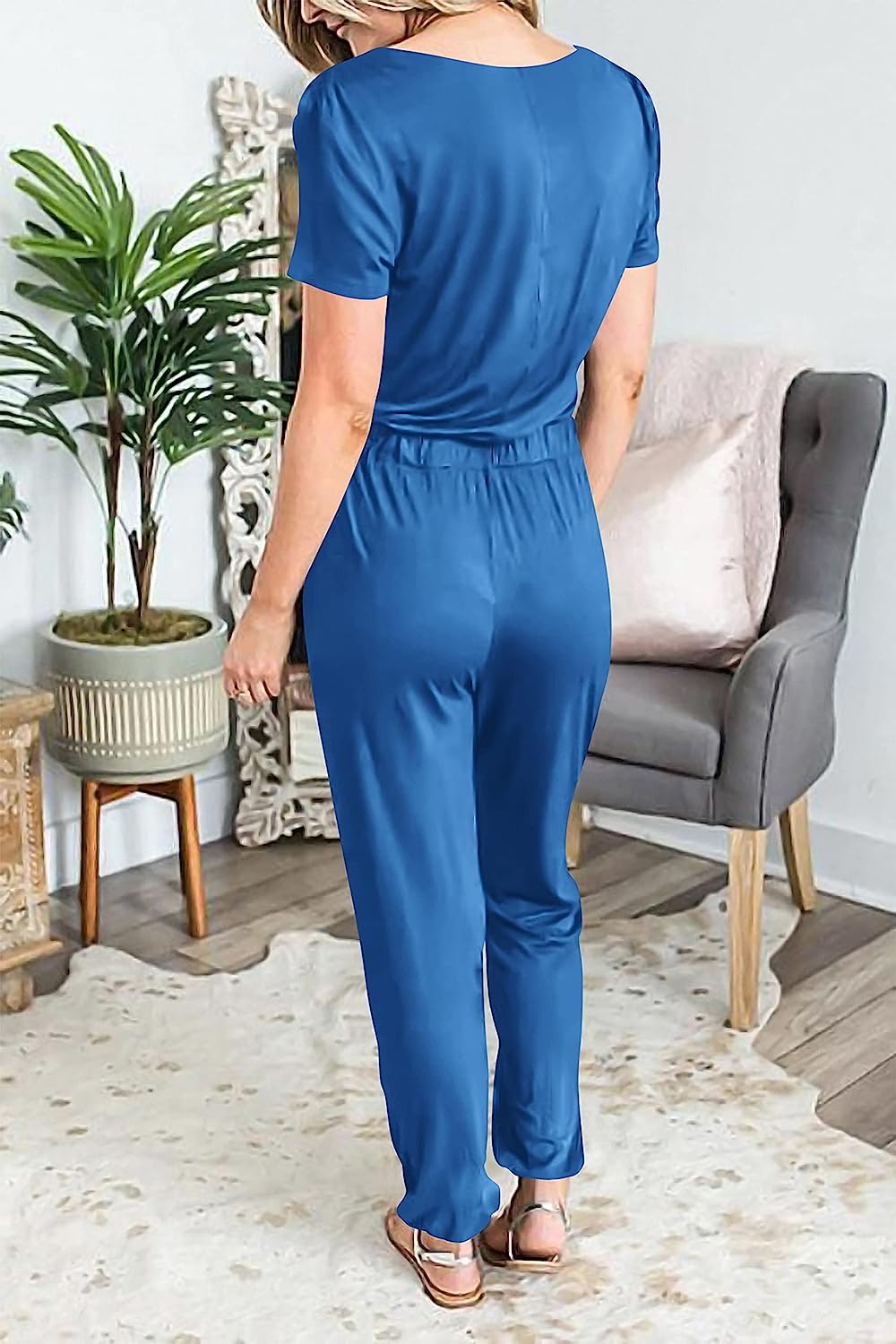 Women's Deep V Neck Drawstring Waist Jumpsuit CD496