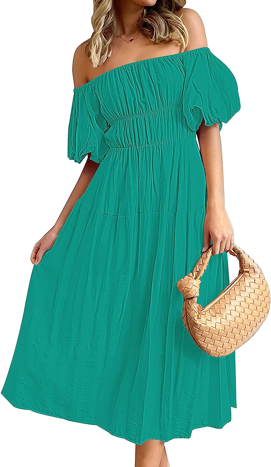 Women's Puff Sleeve Off Shoulder Summer Midi Dress CD446