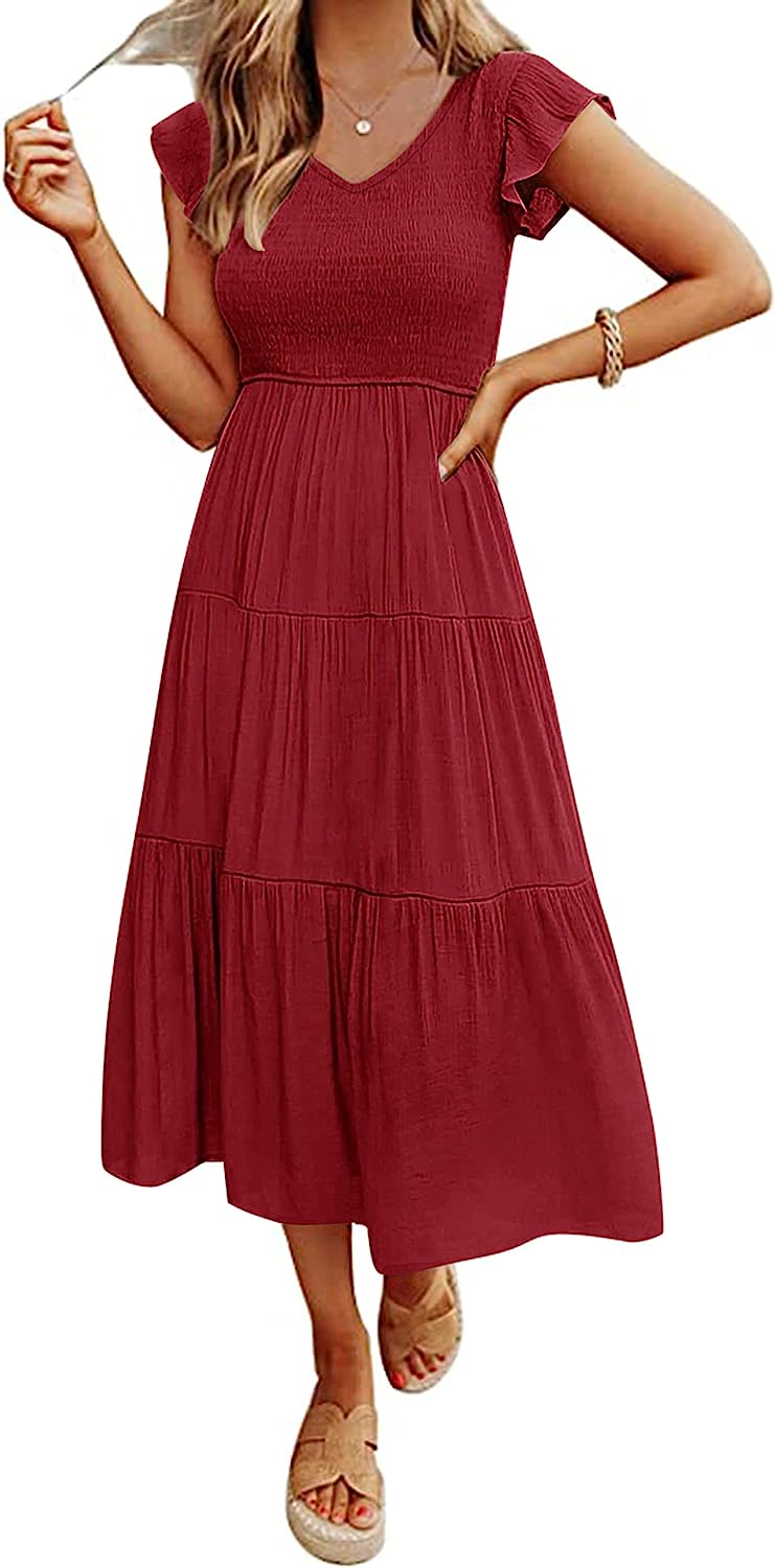Women's Flutter Sleeve Smocked Midi Dress with Pockets CD447