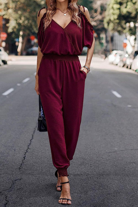 Wrap V Neck Cold Shoulder One Piece Jumpsuit CD476