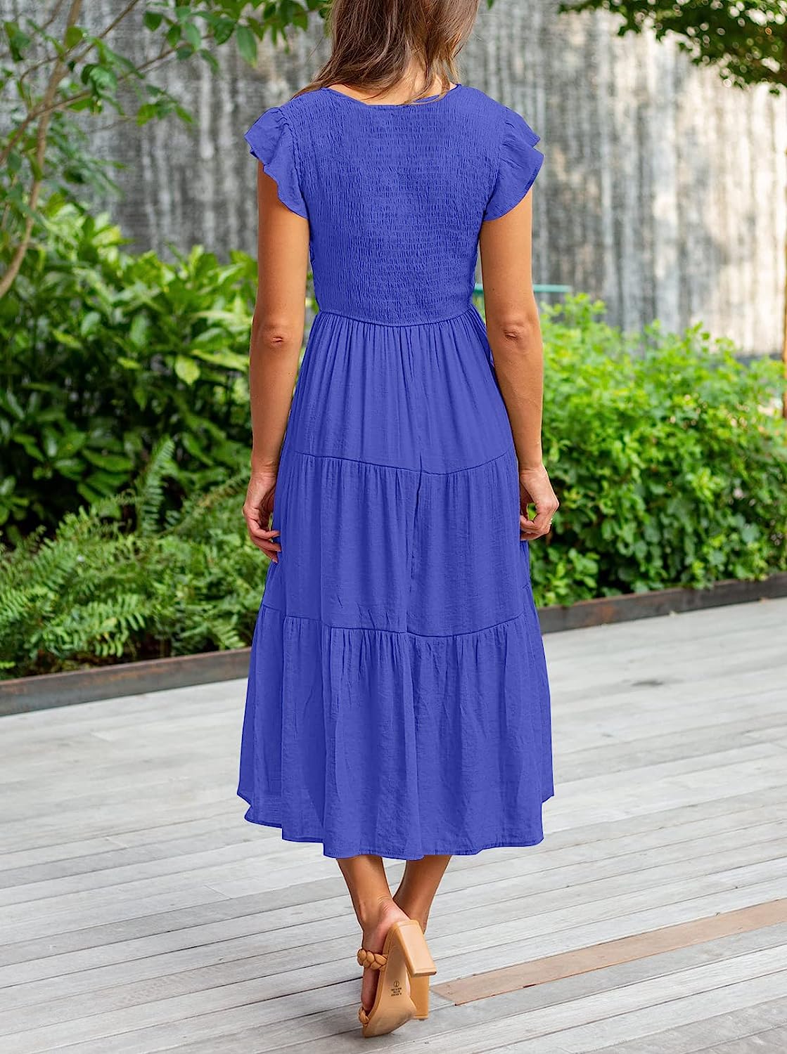 Women's Flutter Sleeve Smocked Midi Dress with Pockets CD442