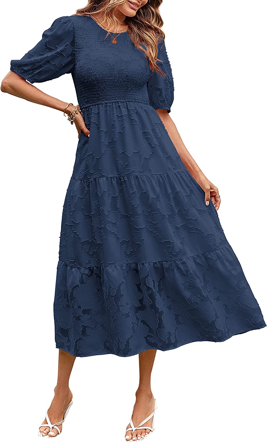 Women's Puff Sleeve Floral Crewneck Midi Dress CD451