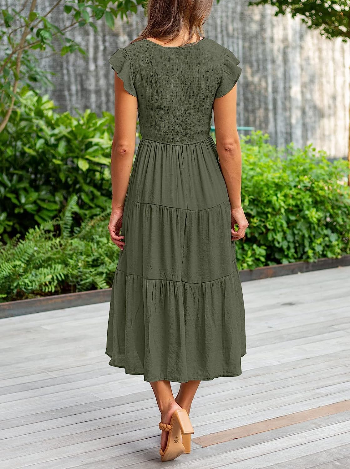 Women's Flutter Sleeve Smocked Midi Dress with Pockets CD437