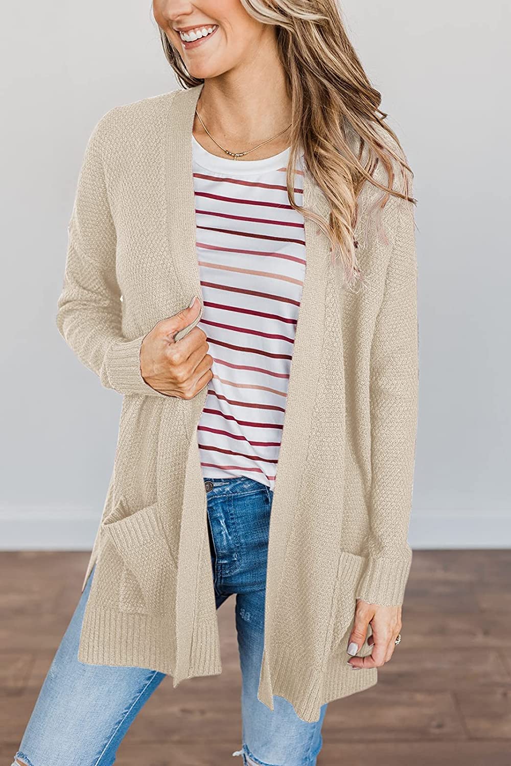 Women's Long Sleeve Waffle Knit Cardigan Cozy Sweater CD454