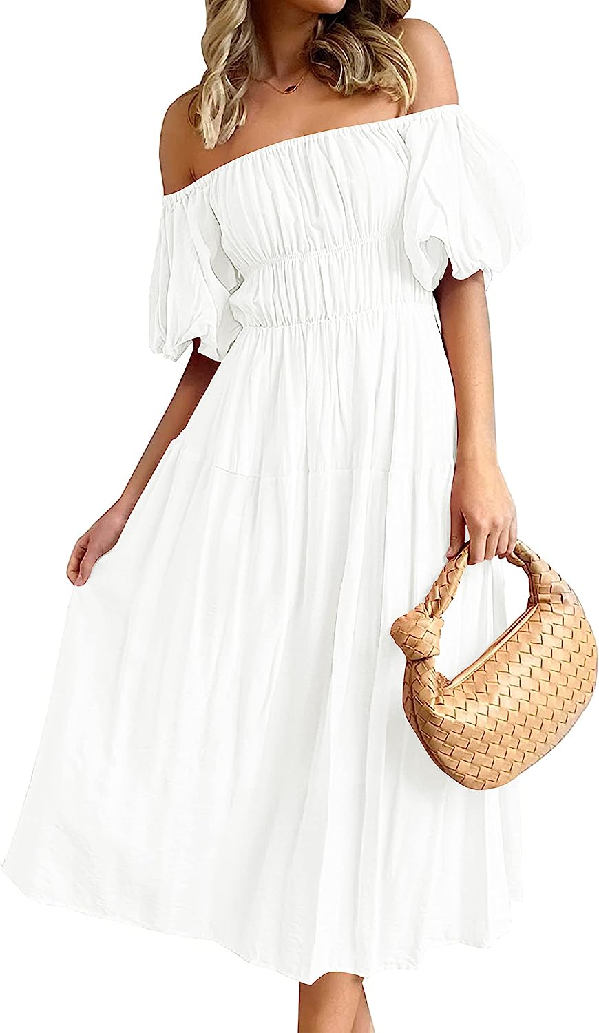 Women's Puff Sleeve Off Shoulder Summer Midi Dress CD446