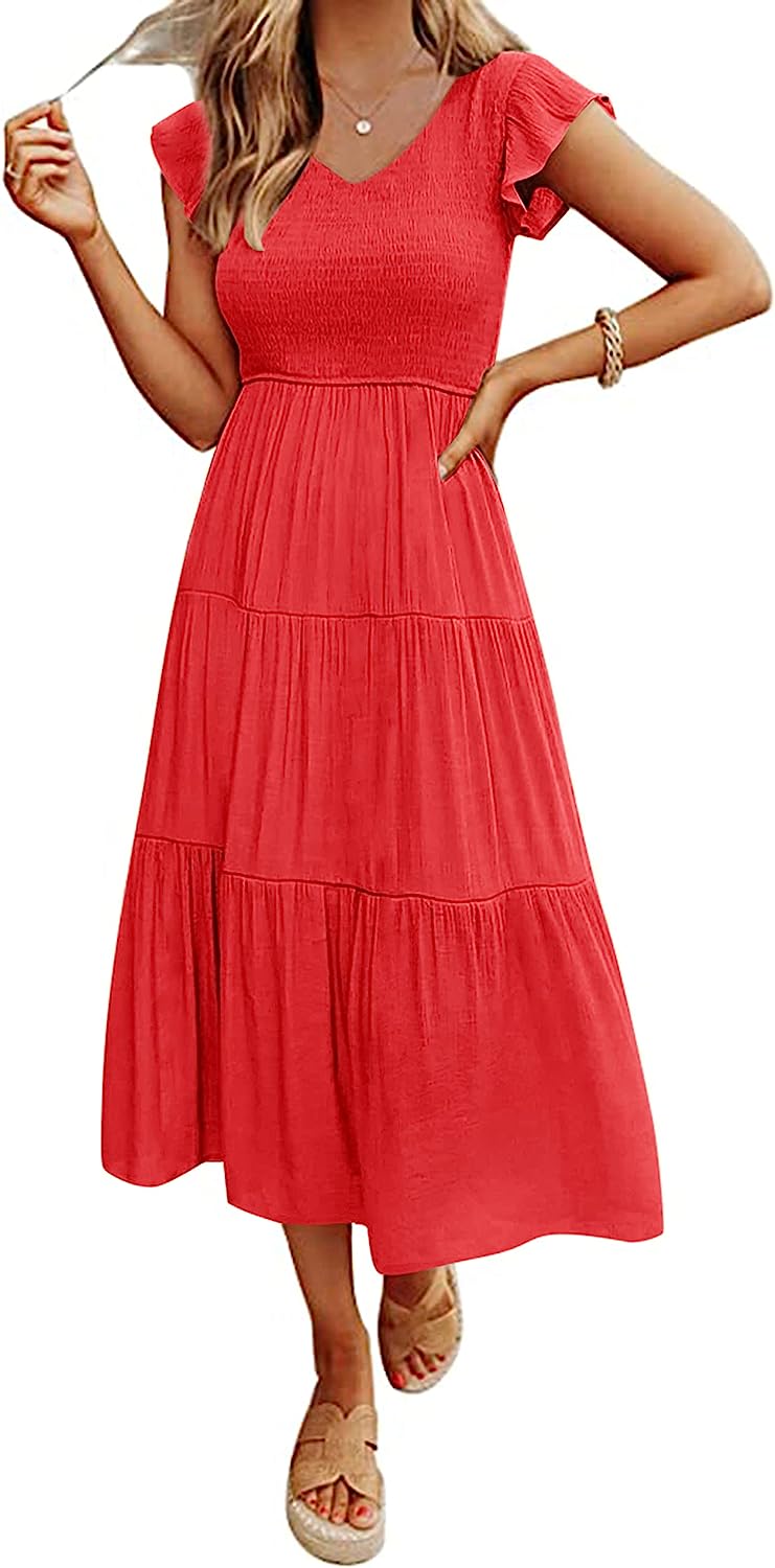 Women's Flutter Sleeve Smocked Midi Dress CD435