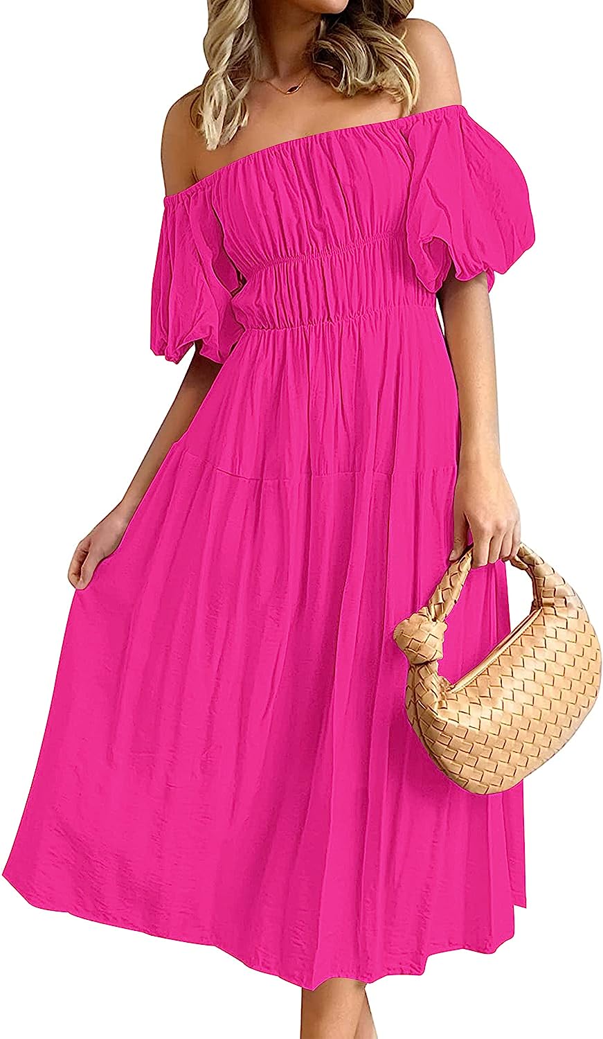 Women's Puff Sleeve Off Shoulder Summer Midi Dress CD446