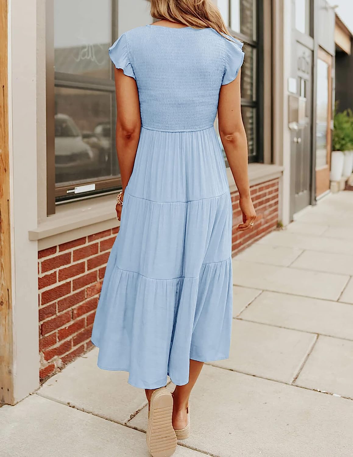Women's Flutter Sleeve Smocked Midi Dress with Pockets CD442