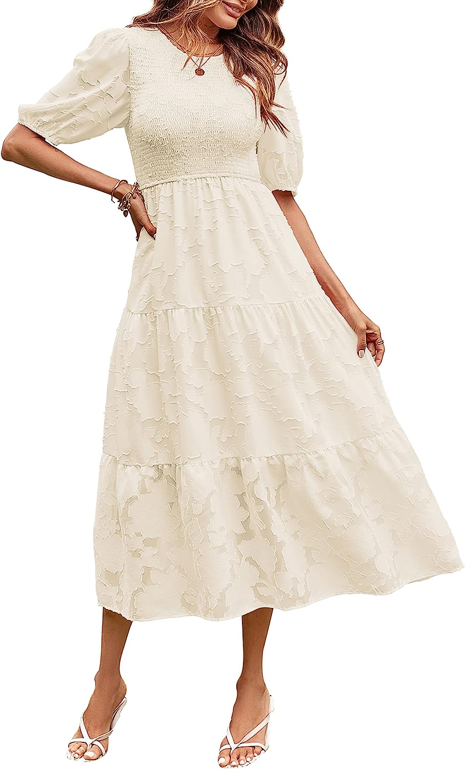 Women's Puff Sleeve Floral Crewneck Midi Dress CD451