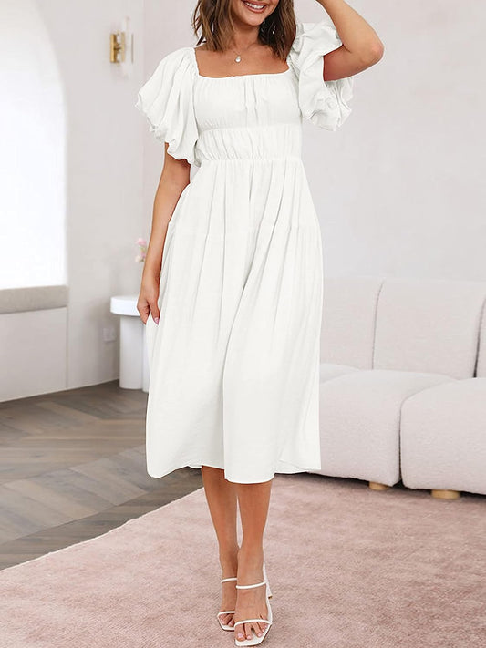 Women's Puff Sleeve Off Shoulder Summer Midi Dress CD446