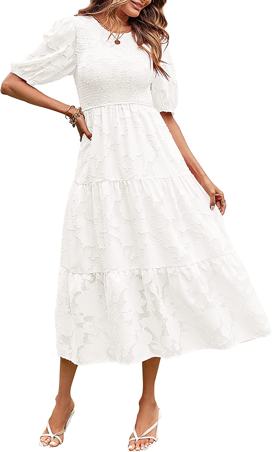 Women's Puff Sleeve Floral Crewneck Midi Dress CD451