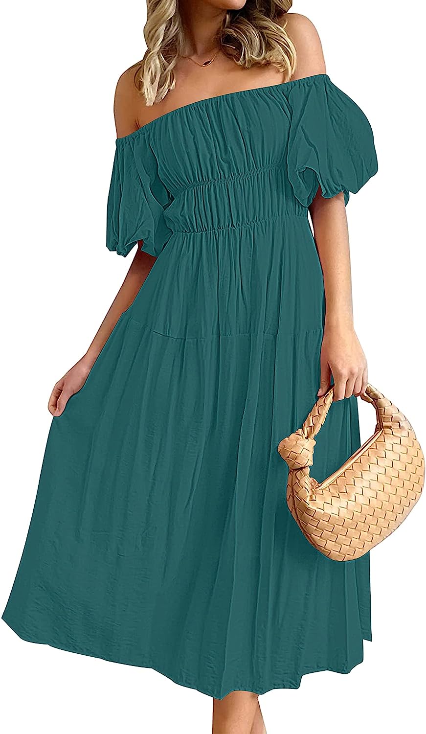 Women's Puff Sleeve Off Shoulder Summer Midi Dress CD446