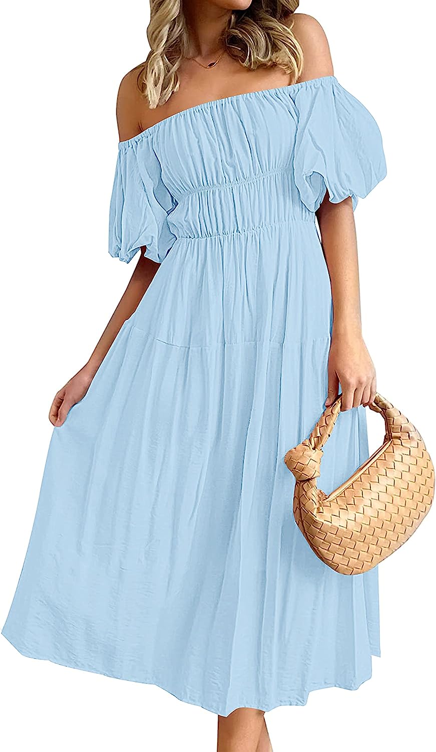 Women's Puff Sleeve Off Shoulder Summer Midi Dress CD446