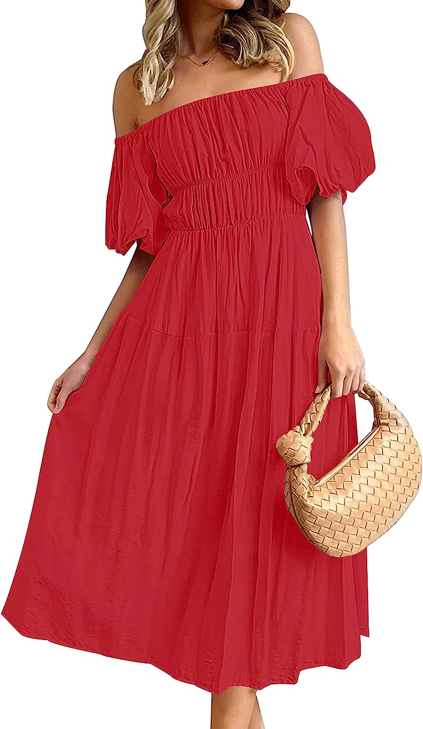 Women's Puff Sleeve Off Shoulder Summer Midi Dress CD446