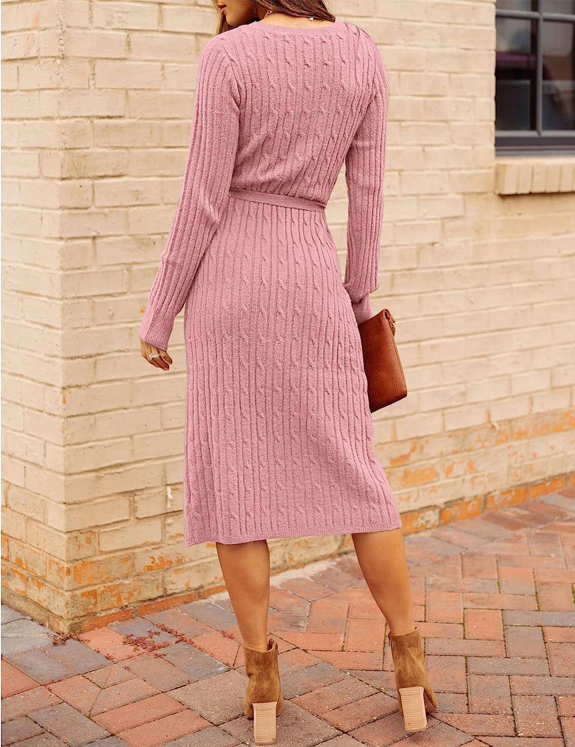 Women's V Neck Cable Knit Sweater Dress Bodycon CD455