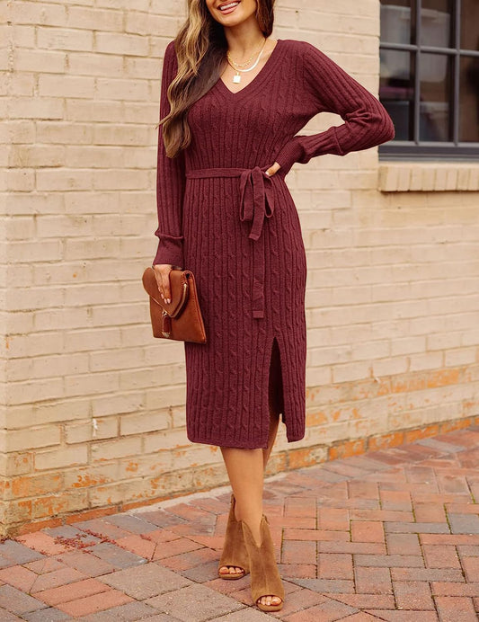 Women's V Neck Cable Knit Sweater Dress Pullover CD457
