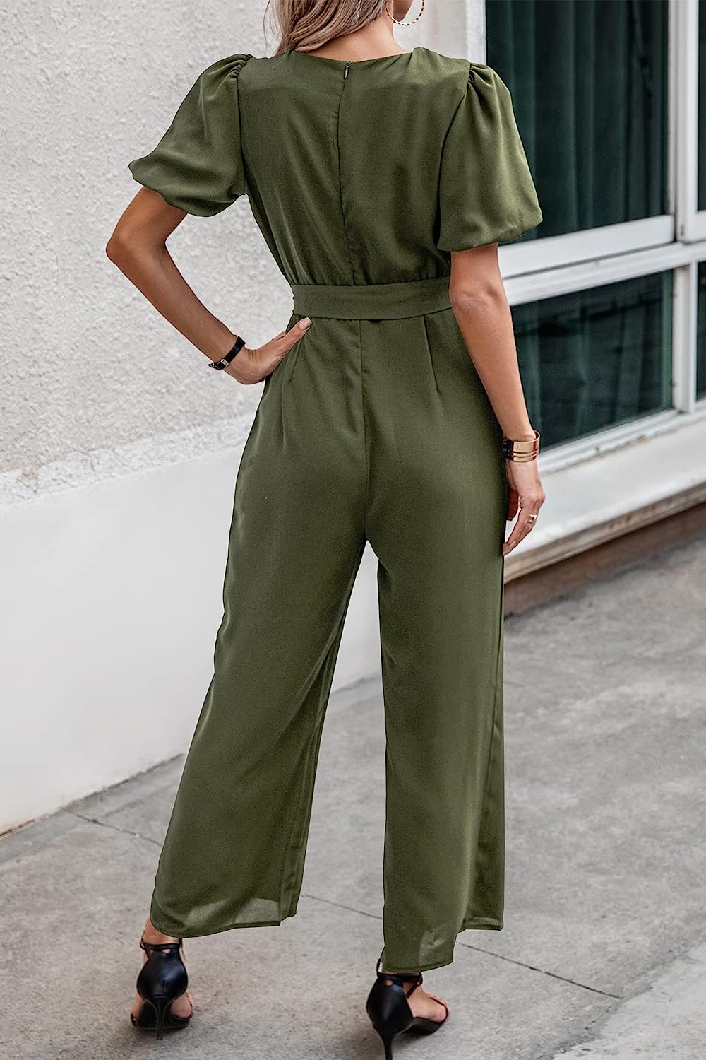 Women's Short Puff Sleeve Wide Leg Pants Jumpsuits CD461