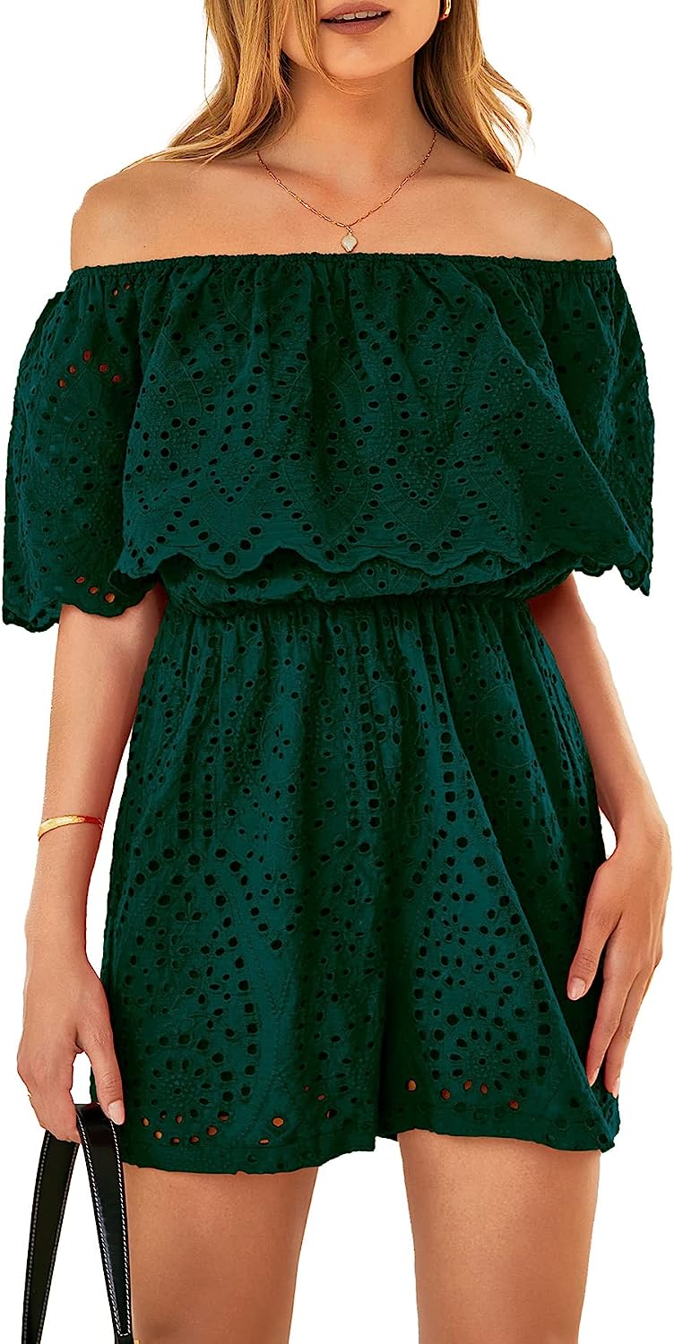 Women's Embroidery Rompers Off Shoulder Ruffle Jumpsuit CD487