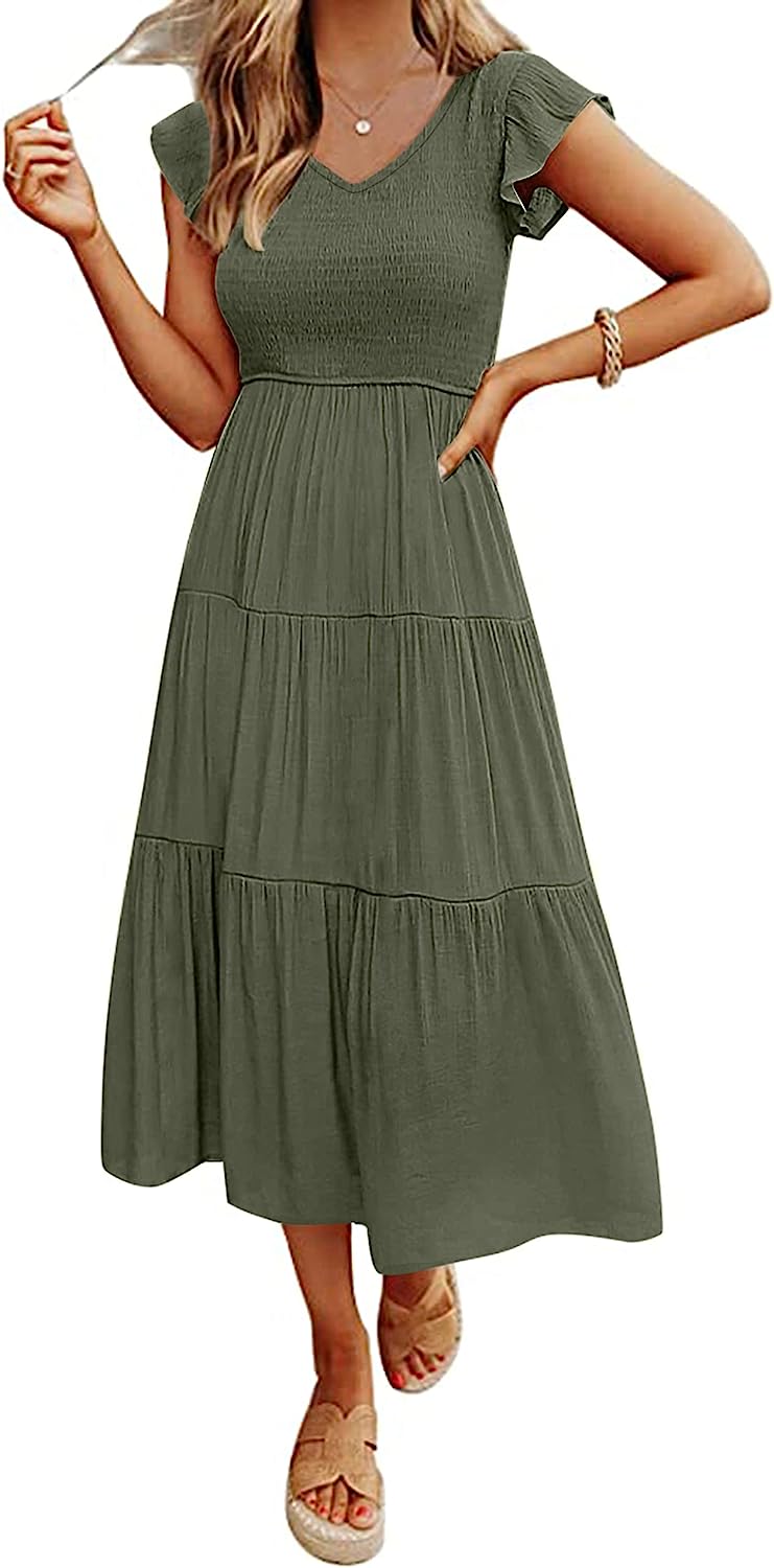 Women's Flutter Sleeve Smocked Midi Dress with Pockets CD447