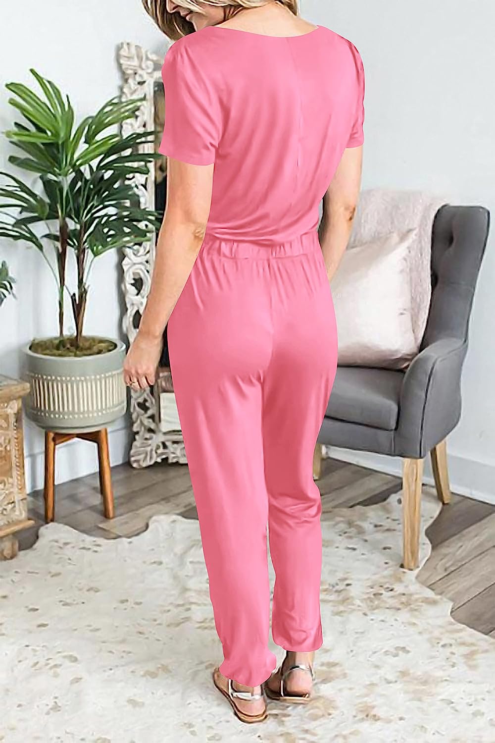 Women's Deep V Neck Drawstring Waist Jumpsuit CD496