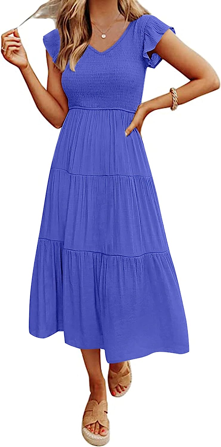Women's Flutter Sleeve Smocked Midi Dress with Pockets CD442