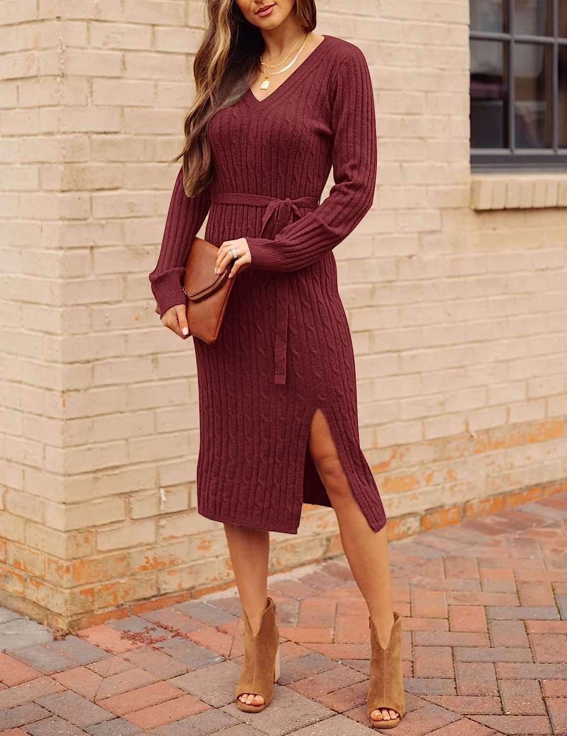 Women's V Neck Cable Knit Sweater Dress Pullover CD457