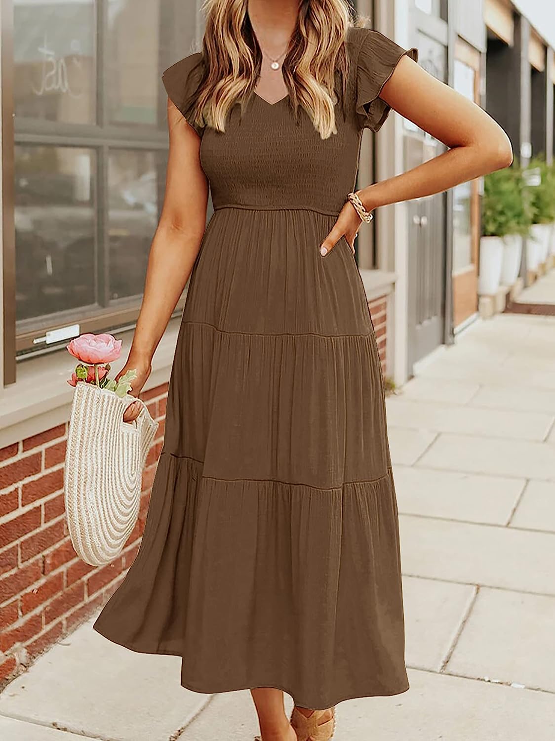 Women's Flutter Sleeve Smocked Midi Dress CD435