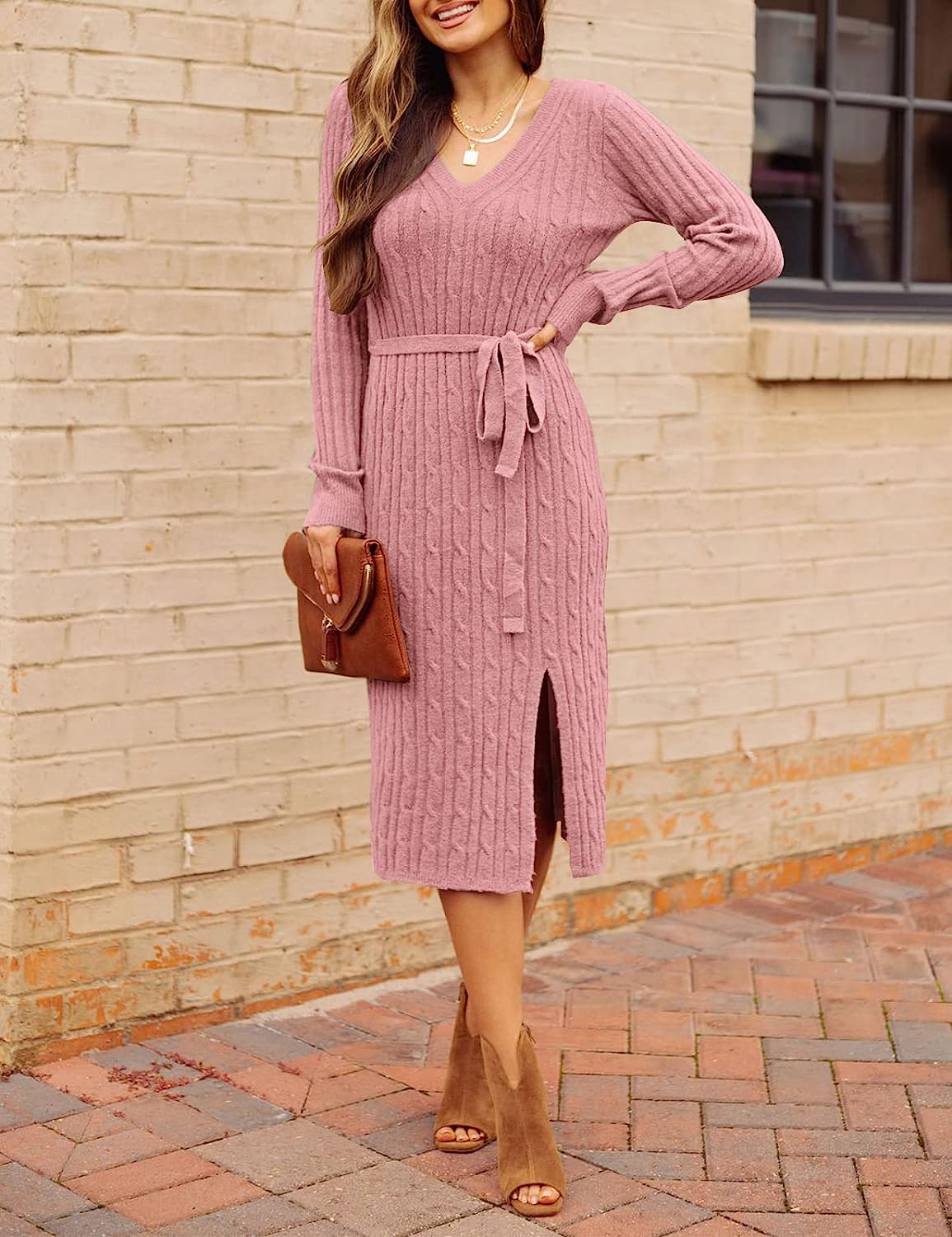 Women's V Neck Cable Knit Sweater Dress Bodycon CD455
