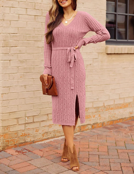 Women's V Neck Cable Knit Sweater Dress Bodycon CD455