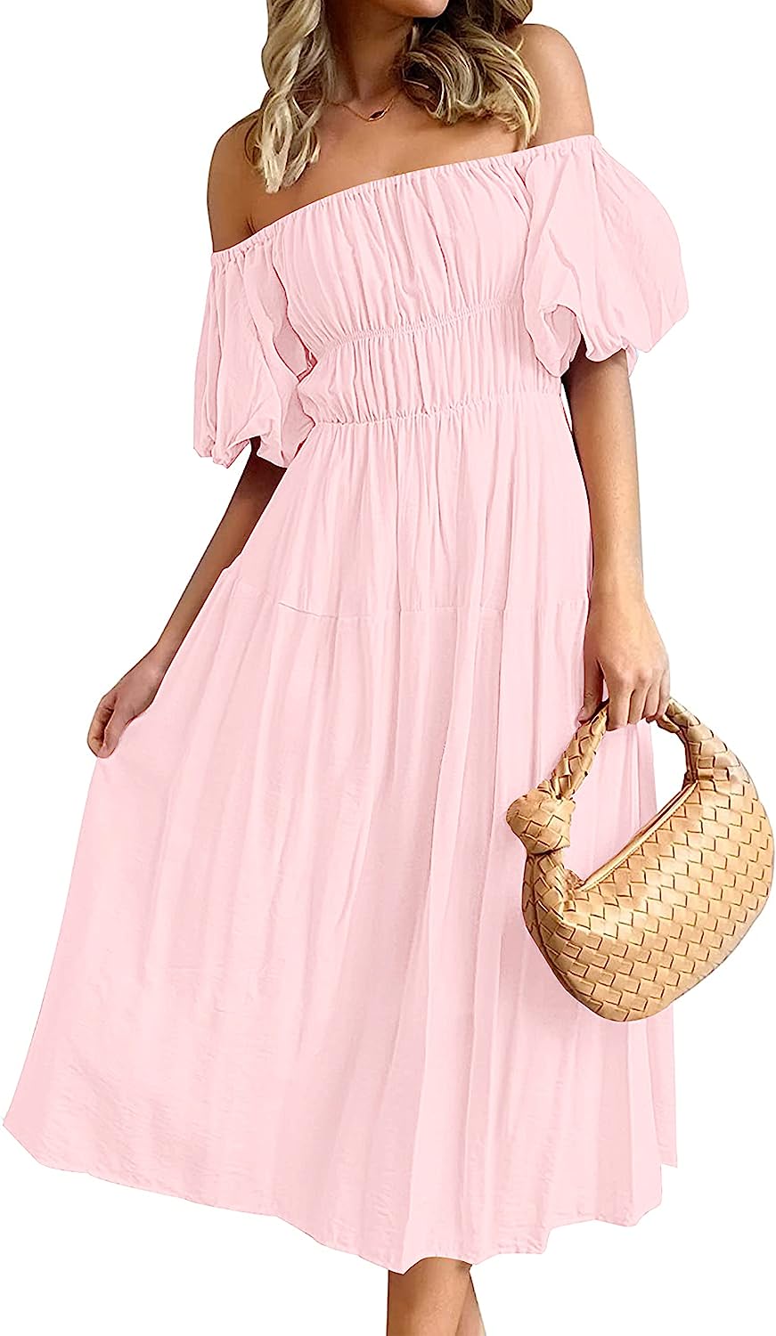 Women's Puff Sleeve Off Shoulder Summer Midi Dress CD446