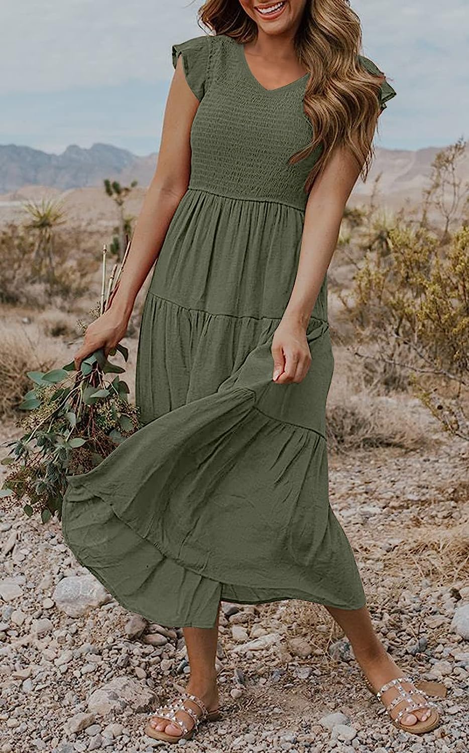 Women's Flutter Sleeve Smocked Midi Dress with Pockets CD437