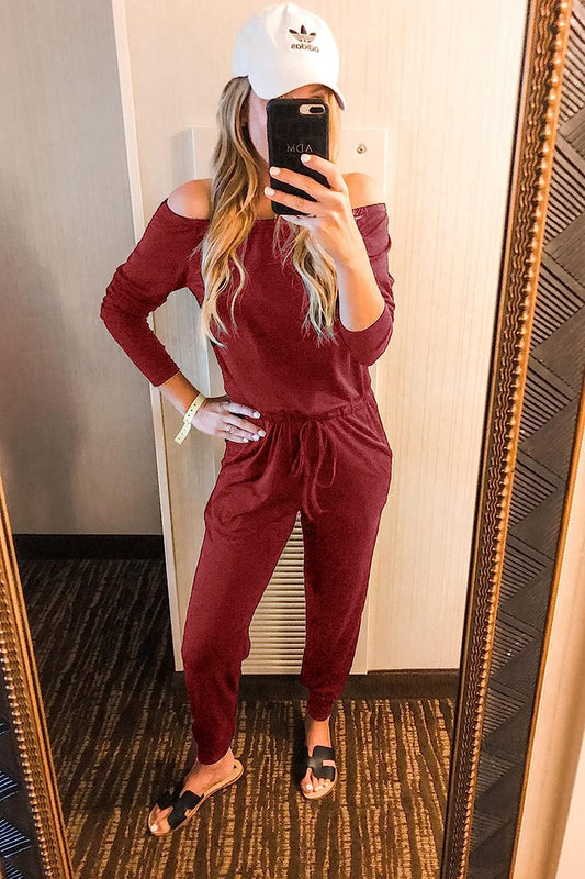 Women's Crewneck Off Shoulder Stretchy Jumpsuit CD462
