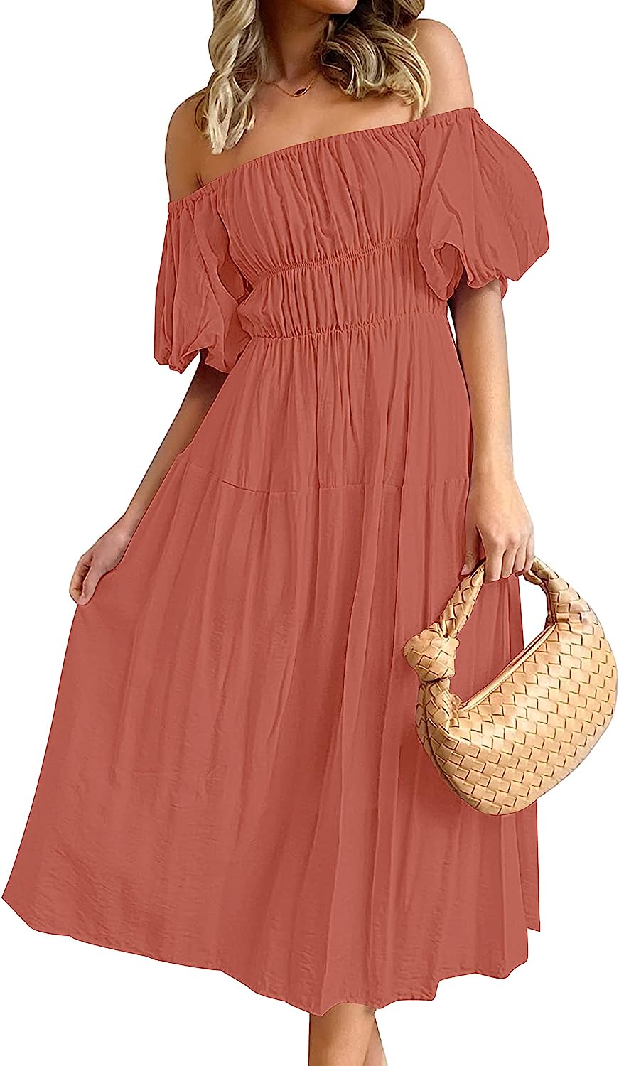 Women's Puff Sleeve Off Shoulder Summer Midi Dress CD446
