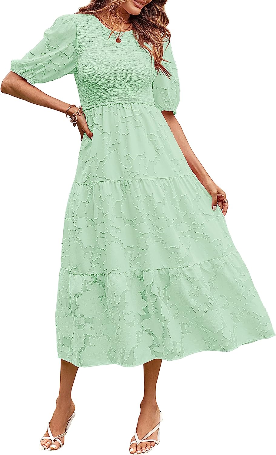 Women's Puff Sleeve Floral Crewneck Midi Dress CD451