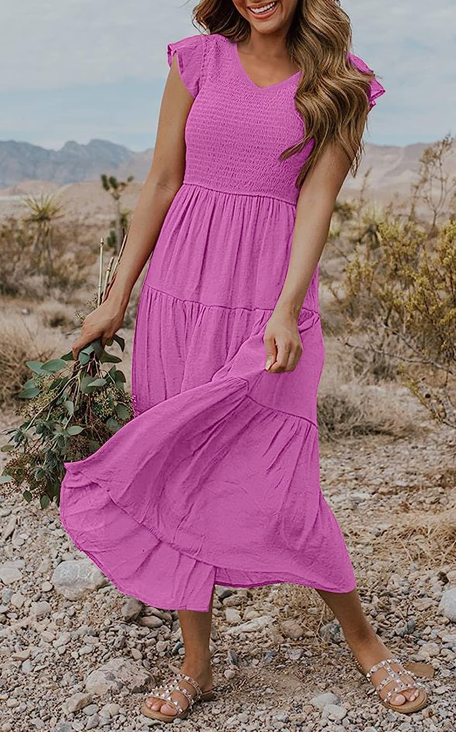 Women's Flutter Sleeve Smocked Midi Dress with Pockets CD447