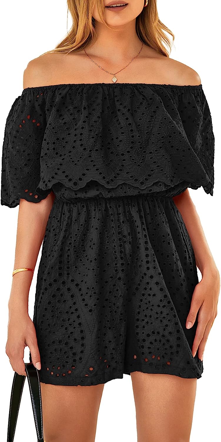 Women's Embroidery Rompers Off Shoulder Ruffle Jumpsuit CD487