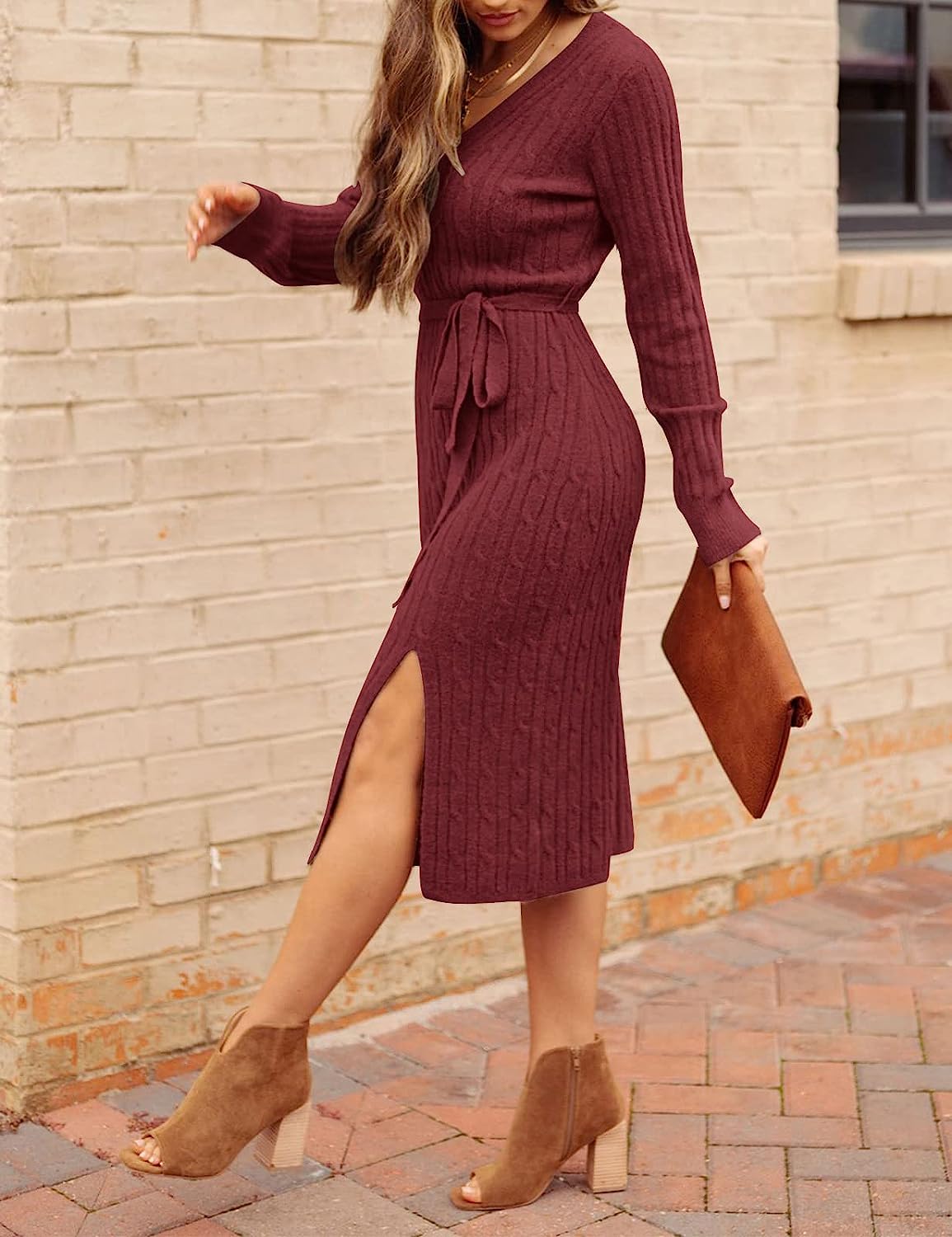 Women's V Neck Cable Knit Sweater Dress Pullover CD457